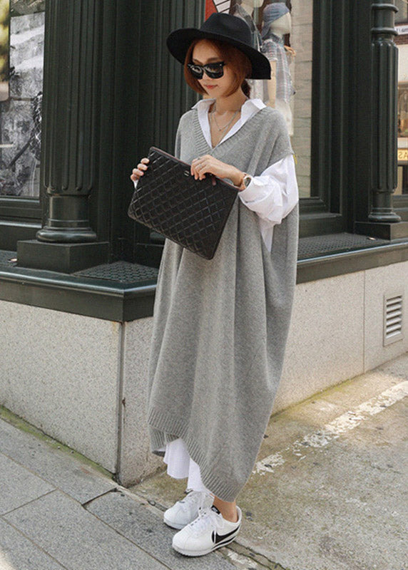Grey V Neck Knit Long Dress Short Sleeve