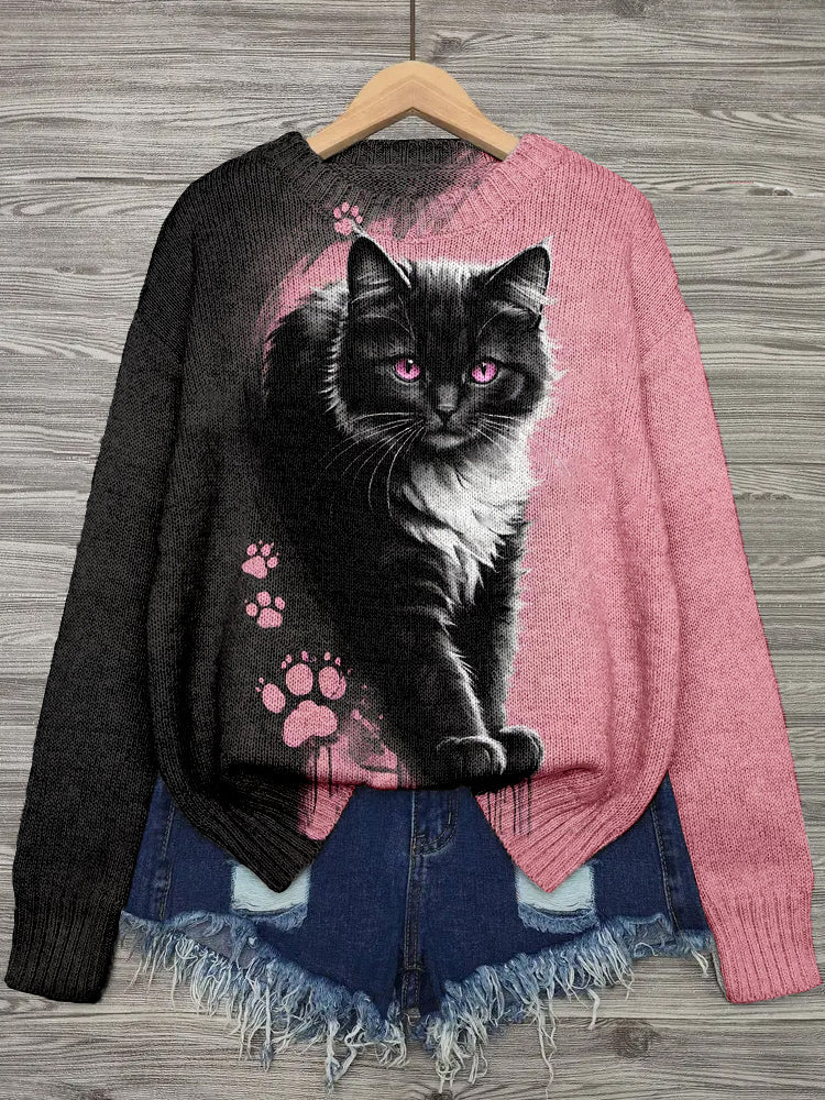 Cute Cat Pattern Crew Neck Cozy Sweater elevenforest