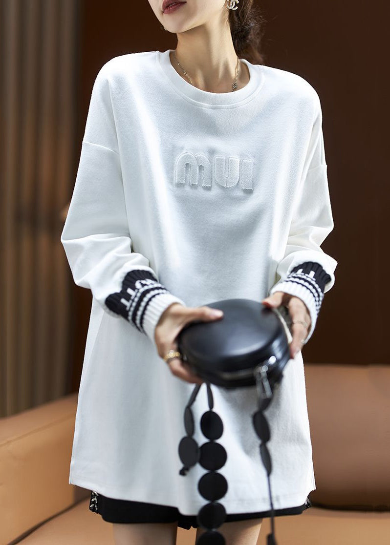 White Letter Side Open Cotton Sweatshirt Spring
