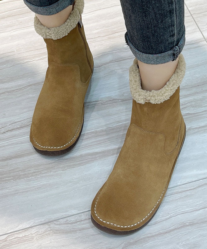 Chocolate Fuzzy Wool Lined Boots Cowhide Leather Zippered Boots