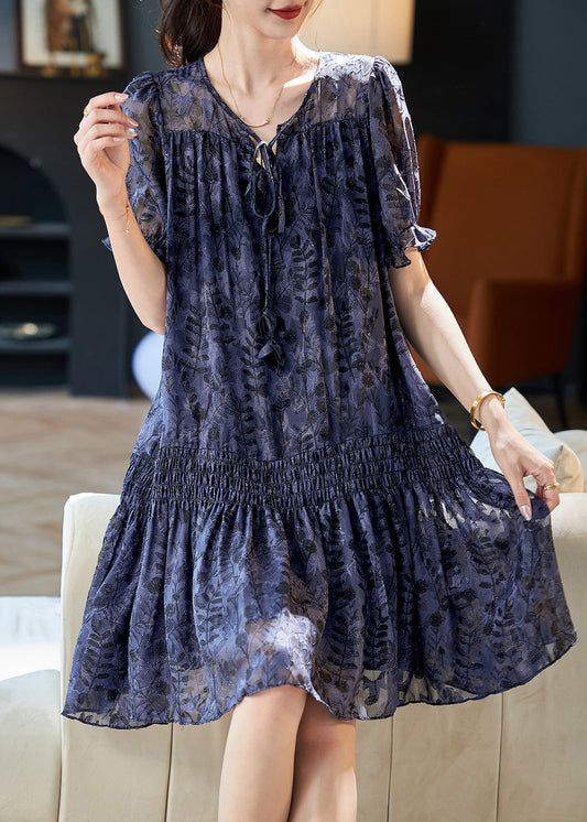 Navy V Neck Print Patchwork Chiffon Dress Summer