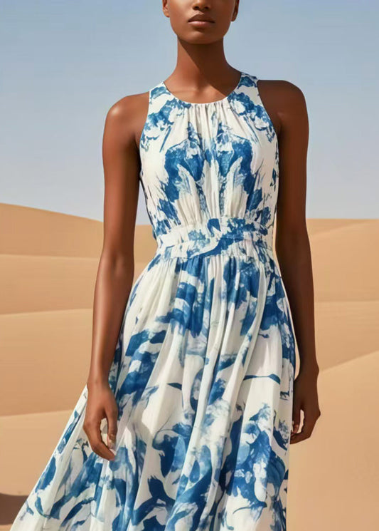 Blue Print Exra Large Hem Cotton Beach Dress Sleeveless