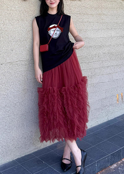 Handmade O-neck Print Top and Maxi Skirts Two Sets Pieces Summer