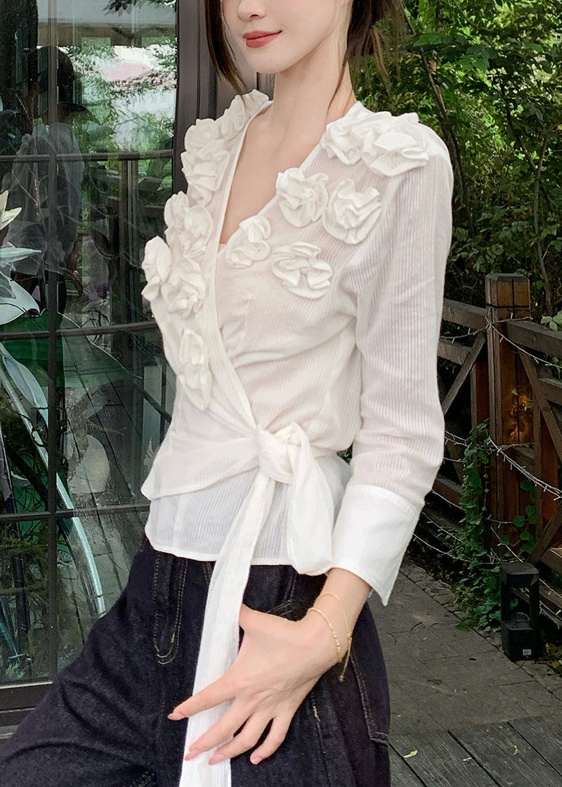 Slim Fit White V Neck Lace Up Cotton T Shirt Fall
