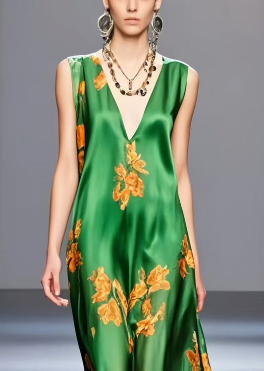 Green V Neck Print Silk Long Dresses Sleeveless