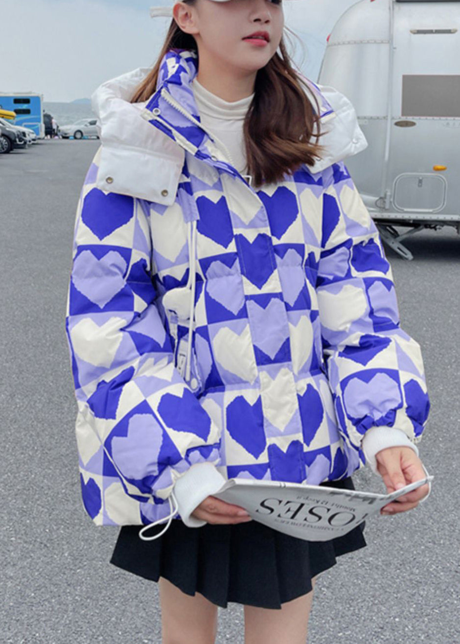 Pink Hooded Heart Print Fine Cotton Filled Jacket in Winter