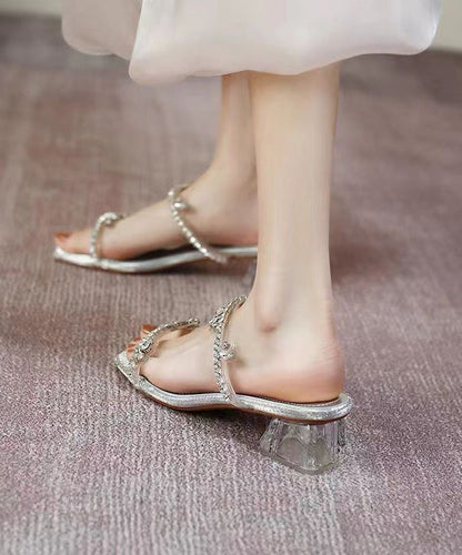 Silver Zircon Peep Toe Chunky Heel Slide Sandals