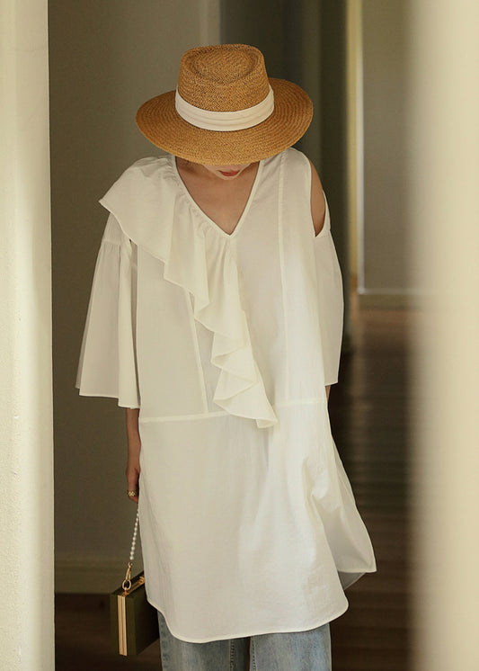 White Ruffled Asymmetrical Cotton Mid Dresses Fall