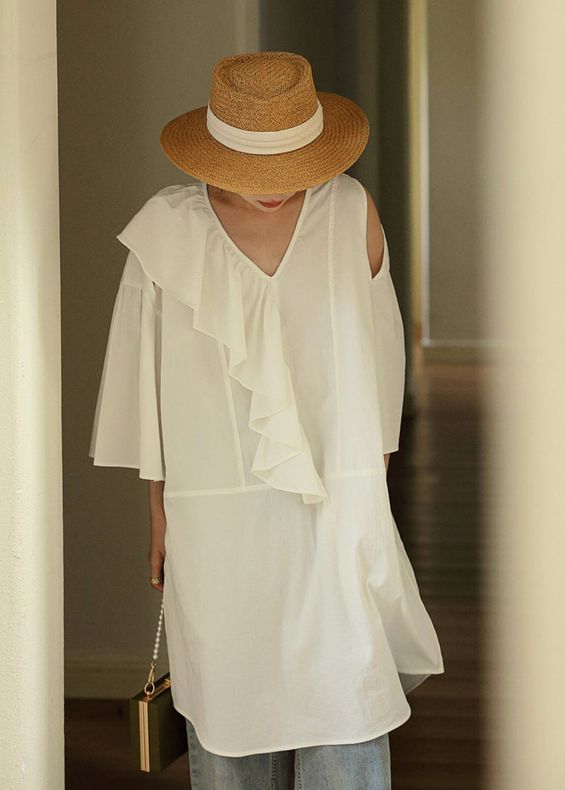 White Ruffled Asymmetrical Cotton Mid Dresses Fall