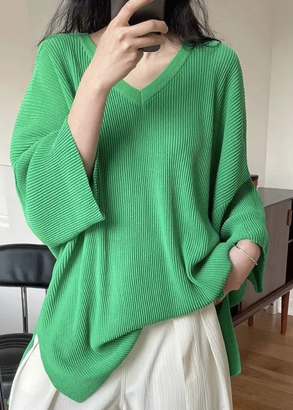Art White V Neck Side Open Ice Silk Knit T Shirt Bracelet Sleeve