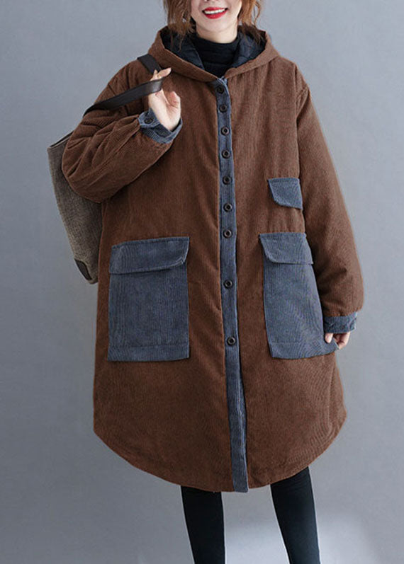 Red Hooded Button Corduroy Winter Cotton Long Coat Sleeve