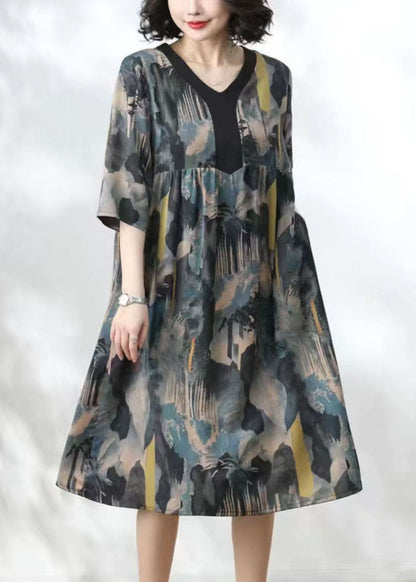 Blue V Neck Print Wrinkled Patchwork Silk Dress Summer