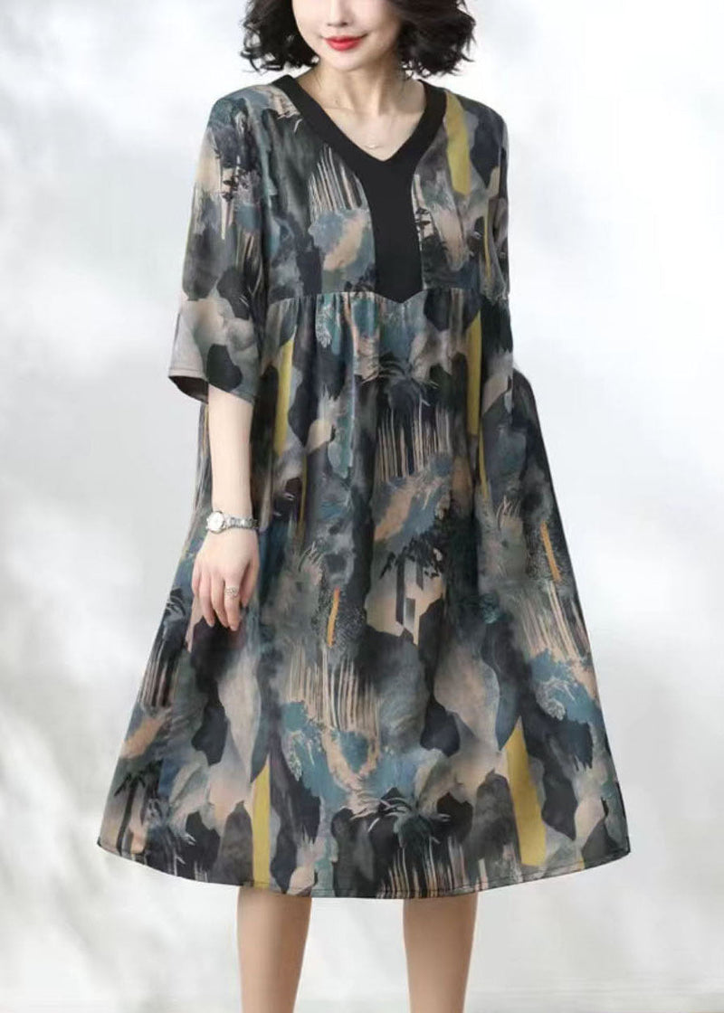 Blue V Neck Print Wrinkled Patchwork Silk Dress Summer