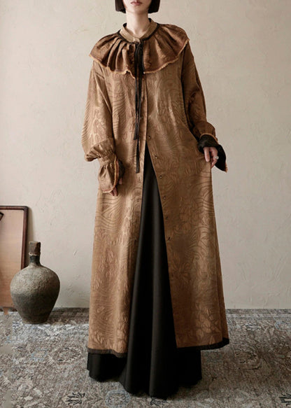 Chocolate Ruffled Print Patchwork Silk Long Dress Fall