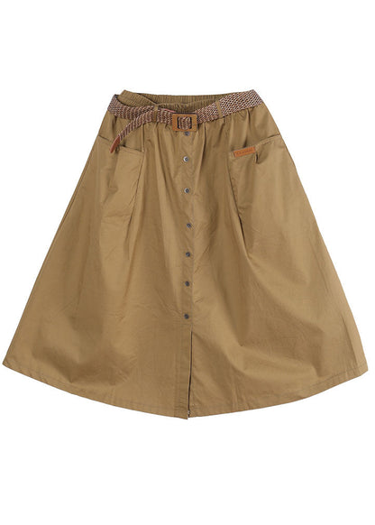 French Color Khaki Elastic Waist Pockets Button Sashes Cotton a Line Skirts Summer