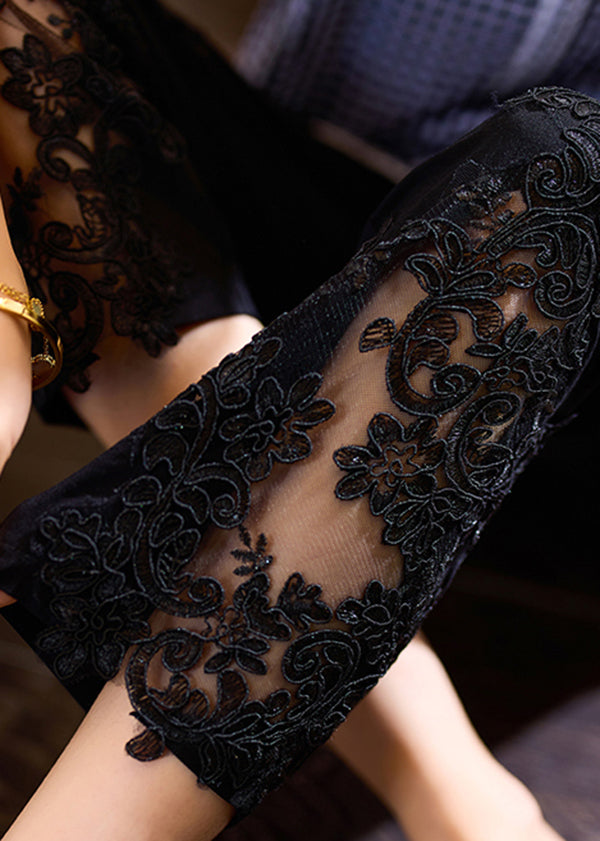Black Embroidered Elastic Waist Cotton Crop Pants Summer