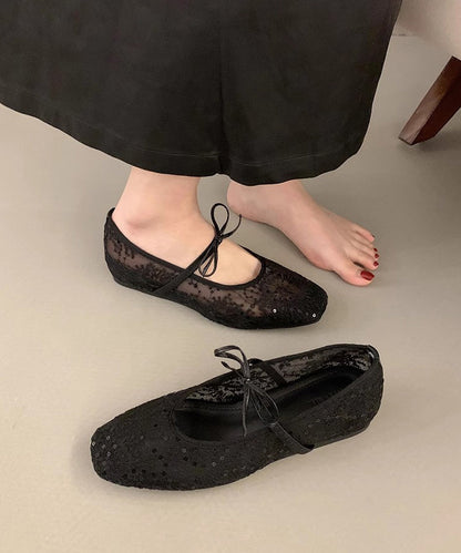 Beige Breathable Mesh Embroidered Flats Splicing Bow
