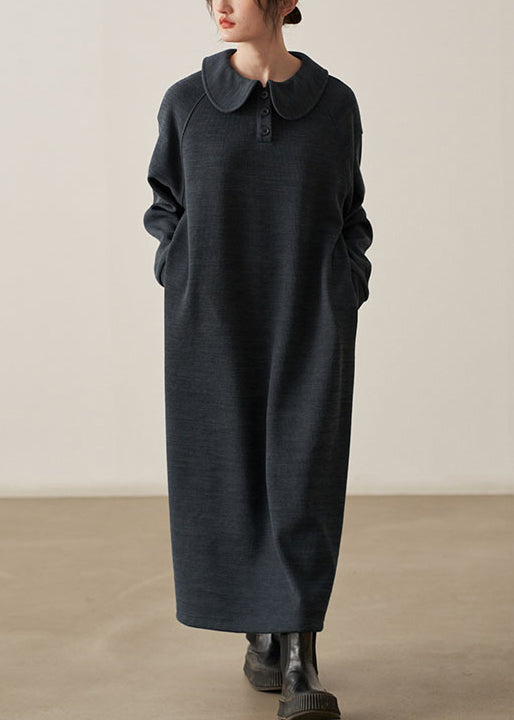 Dark Gray Cotton Knit Dresses Peter Pan Collar Long Sleeve