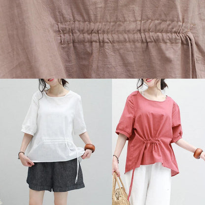 Half Sleeve Linen Tunic Top Red Drawstring Loose Top Summer