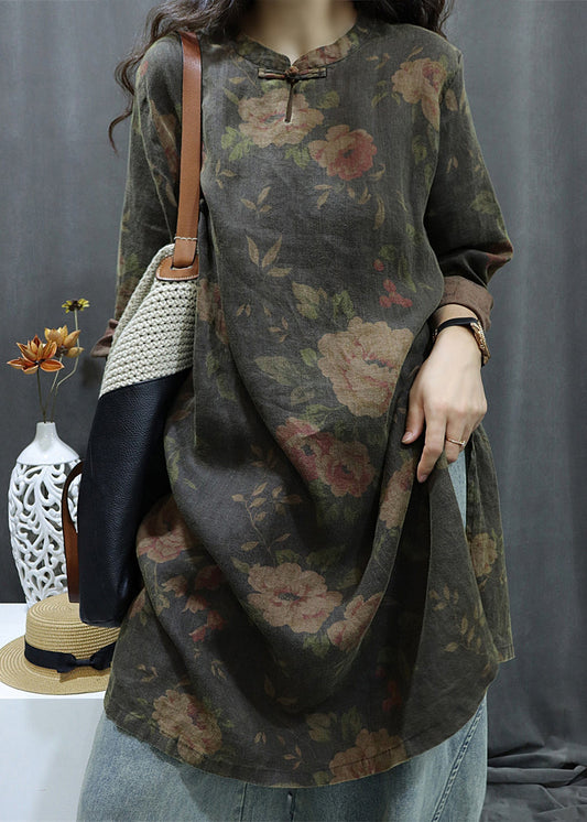 Black Print Button Linen Shirts Dress Bracelet Sleeve