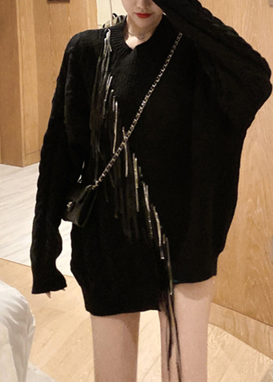 Black O-neck Zircon Tassel Cotton Knit Sweaters Tops Long Sleeve