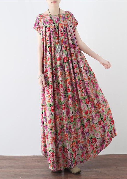 New Pink Prints Linen Caftans Big Hem Linen Maxi Dress Short Sleeve Maxi Dresses