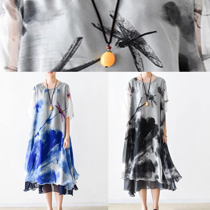 Italian Gray Print Chiffon Clothes for Ideas O Neck Pockets Summer Dress
