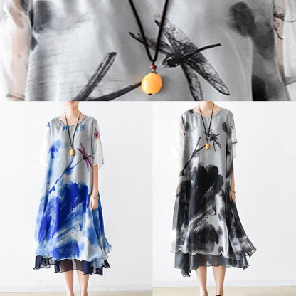 Italian Gray Print Chiffon Clothes for Ideas O Neck Pockets Summer Dress