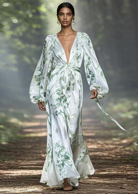 V Neck Print Silk Maxi Dress Spring