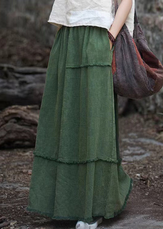 Green Pockets Raw Edge Patchwork Linen Skirt Spring