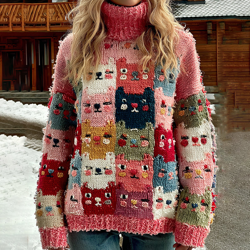 Comstylish Colorful Cats Pattern Art Cozy Knit Turtleneck Sweater