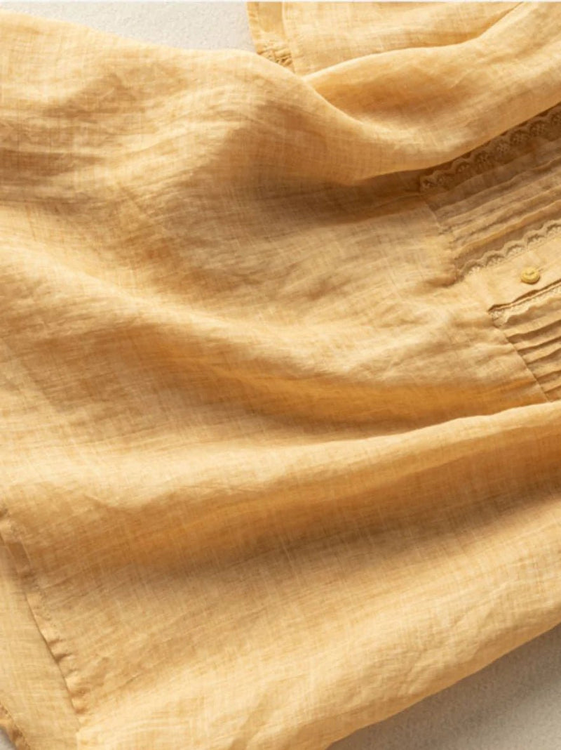 Color Short Sleeve Linen Pleated Top