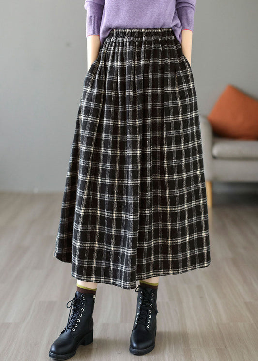 Black Elastic Waist Plaid Cotton a Line Skirt Spring