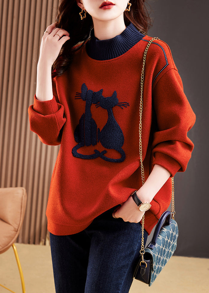 Red High Neck Patchwork Cotton Pullover Tops Winter