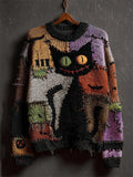 Halloween Black Colorblock Stitched Cozy Knit Sweater