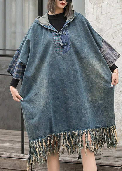 Blue Hooded Patchwork Tasseled Denim Dress Batwing Sleeve