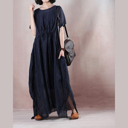 Boutique Blue Silk Linen Dresses O Neck Baggy Dresses Tie Waist Caftans Short Sleeve a Line Skirts