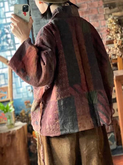 Winter Print Drawstring Linen Cotton Coat