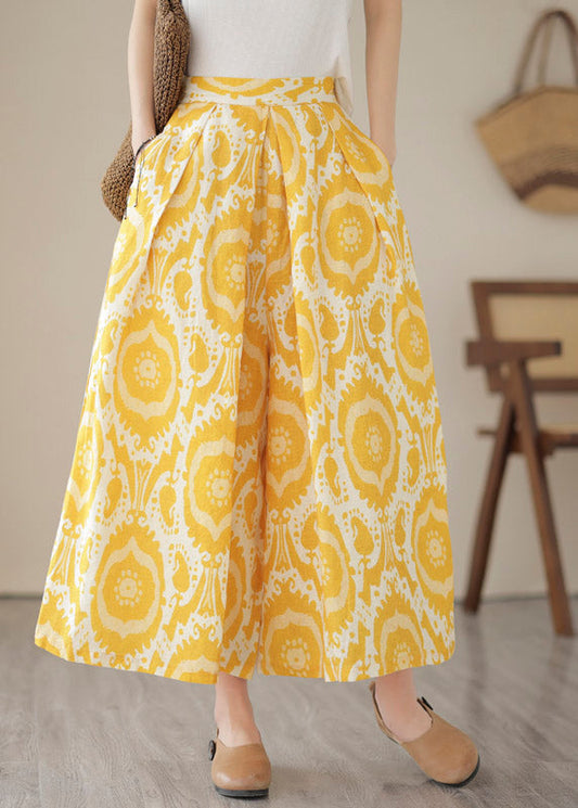 Yellow High Waist Pockets Print Crop Pants Skirt Summer