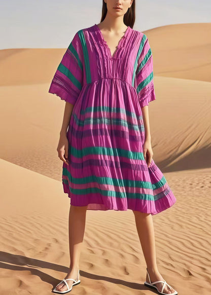 Purple V Neck Striped Cotton Day Dresses Summer