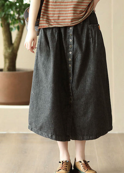 Diy Black Wrinkled Pockets Elastic Waist Patchwork Denim Skirt Summer