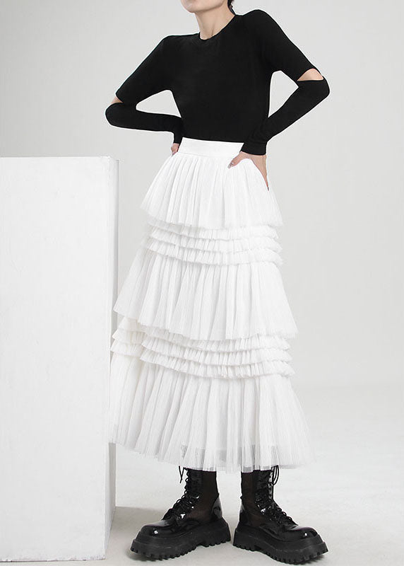 Fine White Asymmetrical Wrinkled Tulle Skirts Spring