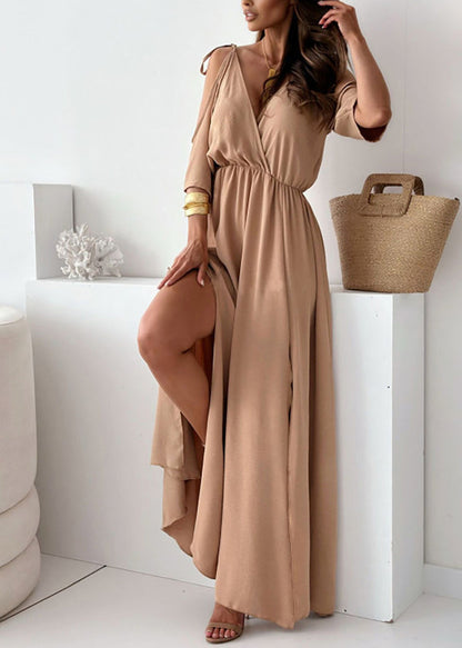 Khaki Cold Shoulder Side Open Chiffon Holiday Dress Summer