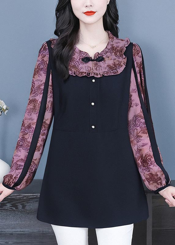 Purple Chinese Button Patchwork Spandex Fake Two Piece Tops Fall