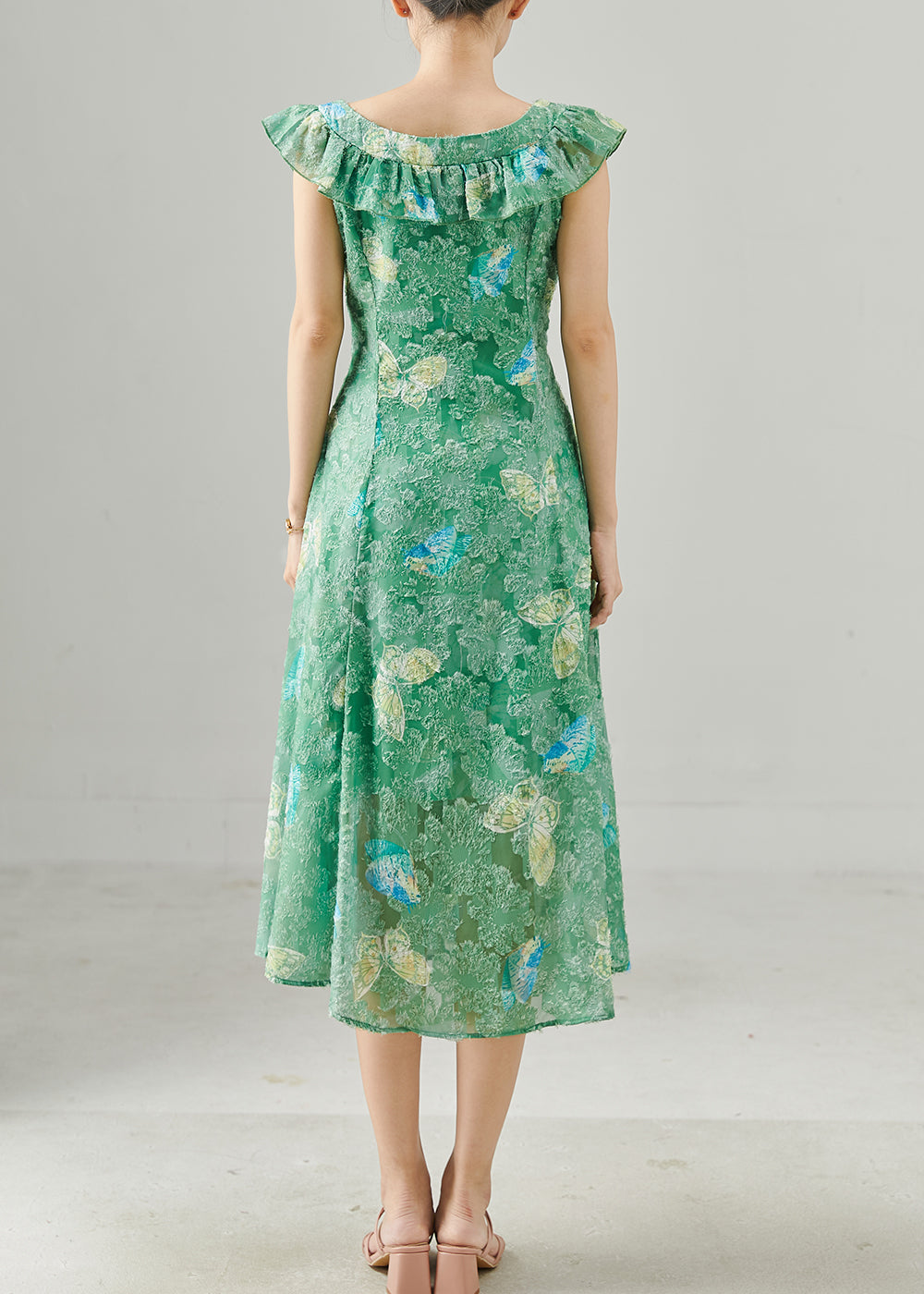 Unique Green Ruffled Butterfly Silk Long Dress Summer
