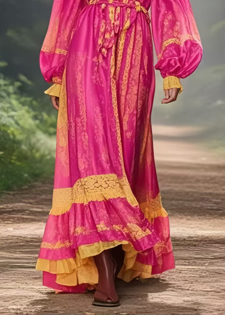 Rose Cinched Exra Large Hem Silk Vacation Dress Spring