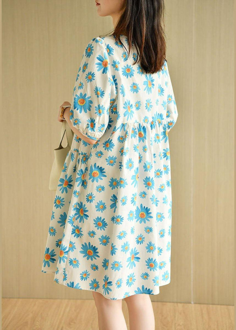 Blue O-neck Print Summer Cotton Half Sleeve Dresses