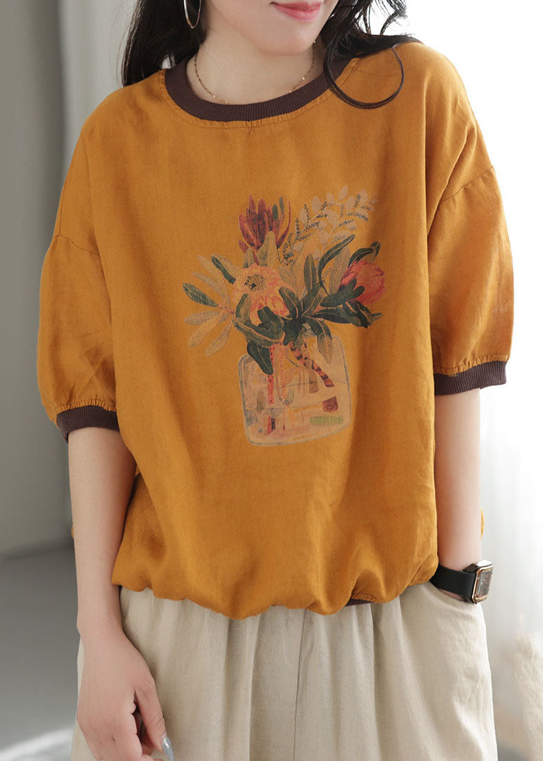 Yellow Oversized Patchwork Print Linen Tank Tops Short Sleeve