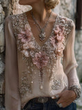 Vintage Pink Flowers Embroidered V Neck Linen Shirt elevenforest