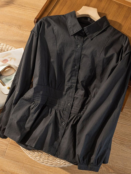 100% Natural Fabric Pleated Button Long Sleeve Loose Shirt
